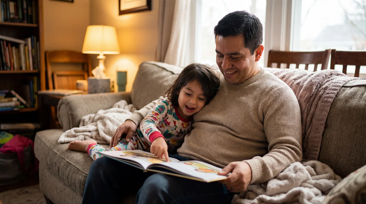Papá leyendo un cuento en inglés con su hija, riendo juntos en casa